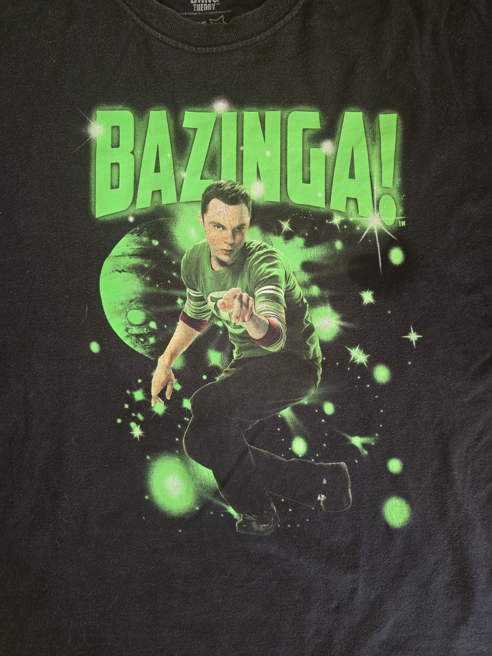 Black "The Big Bang Theory" Graphic Tee w/ Bright Green Sheldon 'BAZINGA!' Print